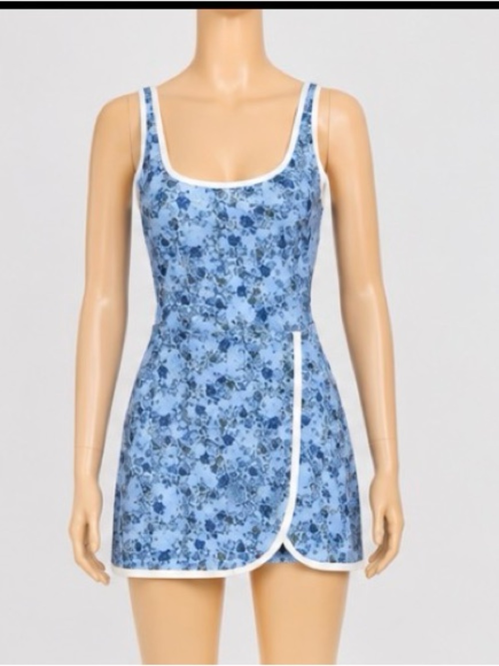 JoyLab Blue Floral One-Piece Swim Dress with White Trim